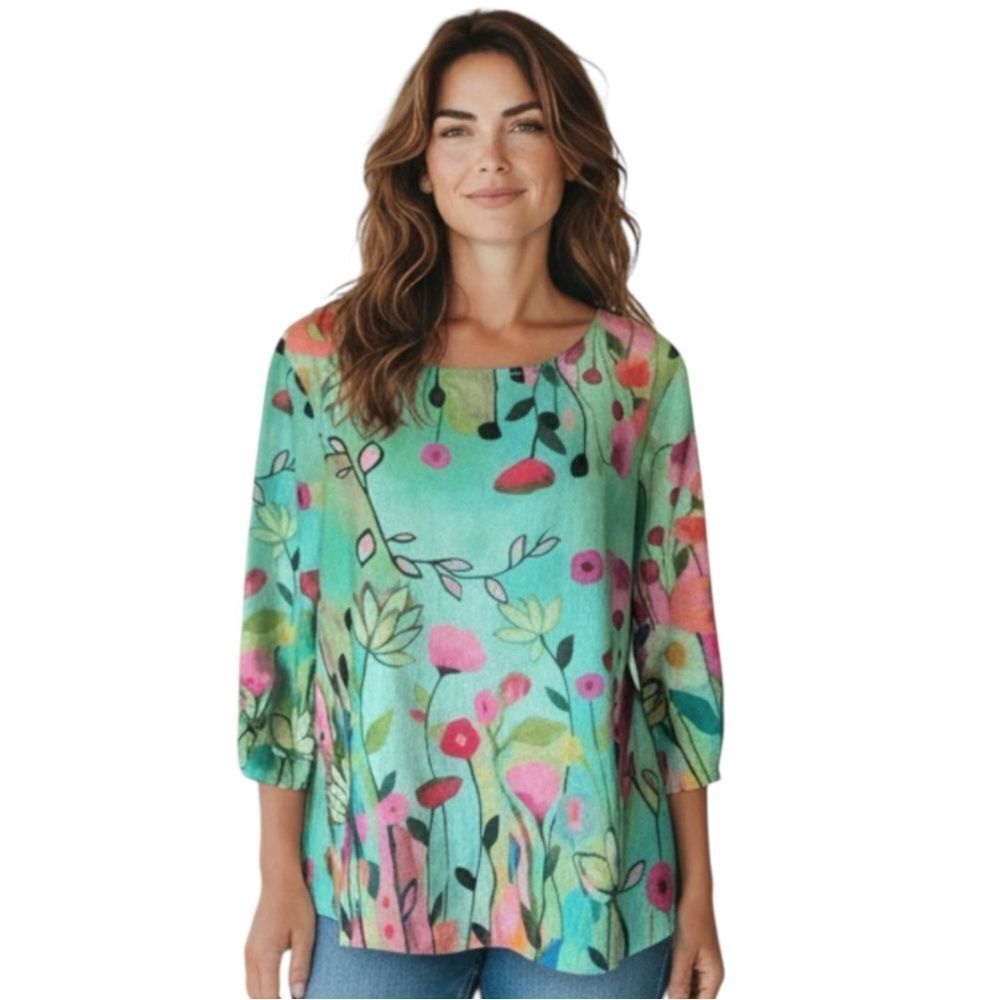 Sharon Young Whimsical Light Green Floral 3/4 sleeve Casual Blouse M